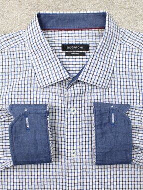 Bugatchi Shirt Mens 3XL XXXL Blue Shaped Fit Flip Cuff 100% Cotton Long Sleeve